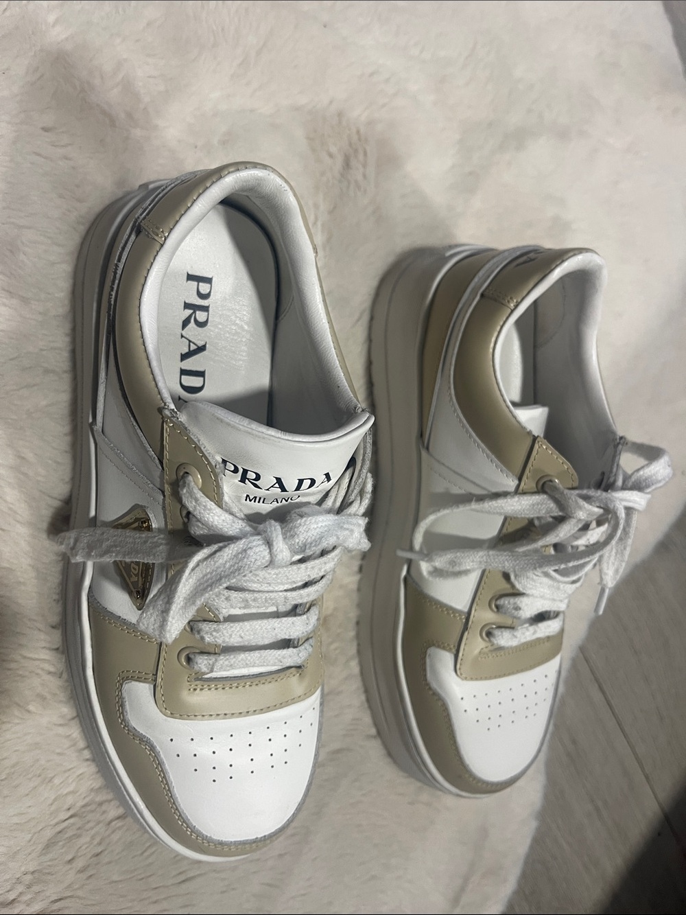 Prada women Two-Tone White and Beige Leather Sneakers